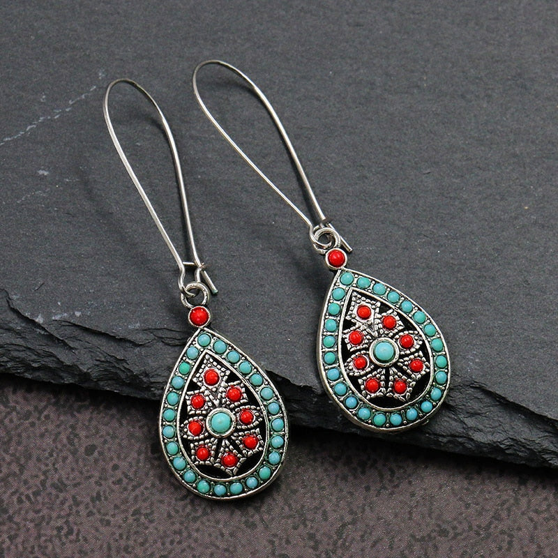 Exknl Fashion Vintage Drop Earrings For Women Alloy Crystal Ethnic Beads Boho Flower Earrings Colorful Dangle Earrings Jewelry