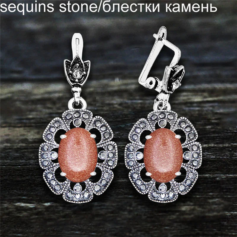 Vintage Plumflower Natural Jades Quartz Earrings For Women Antique Silver Plated Lapis Lazuli Tiger Eye Stone Fashion Earring - Charlie Dolly
