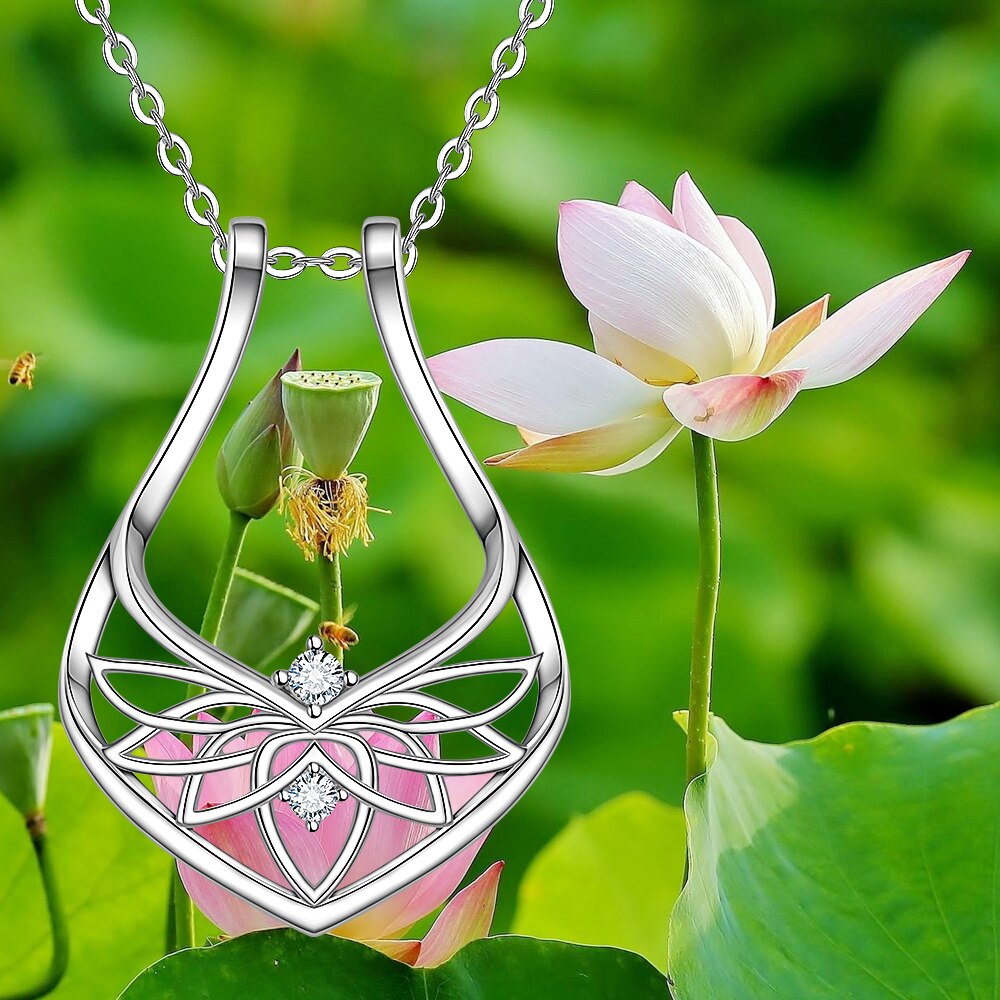 Sterling Silver Ring Holder Necklace Stand for Wedding Rings Lotus Crystal Magic Rhombus Dainty Simple Pendant Love Jewelry