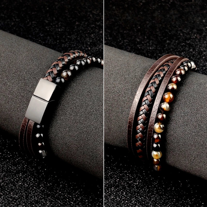 Boho Jewelry Beads Leather Charm Bracelet for Men Women Stainless Steel Natural Stone Rosary love Bracelet Bangle Gift Wholesal - Charlie Dolly