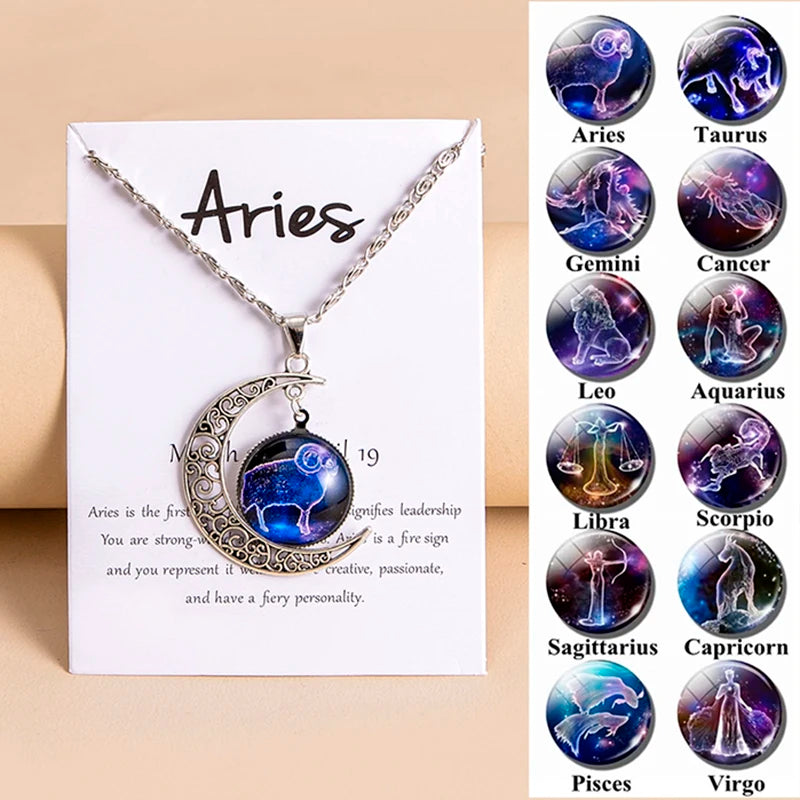 Vintage Zodiac Moon Pendant Necklace, Galaxy Star Glass Astrology Talisman