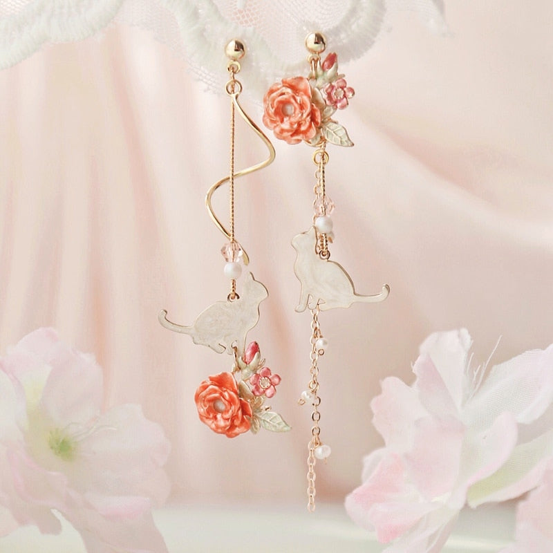 MENGJIQIAO New Elegant Metal Flower Cute Cat Dangle Earrings For Women Brincos Temperament pendientes mujer Holiday Jewelry
