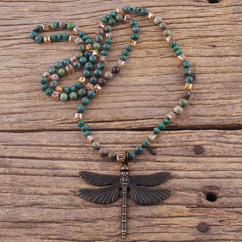 Retro Dragonfly Knotted Crystal Necklace Jewelry