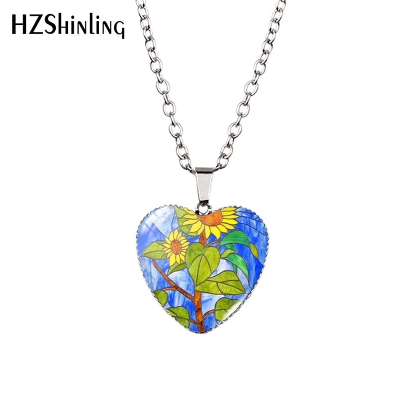 Sunflower Heart Necklace Yellow Sunflower Pendant Glass Picture Jewelry Fashion Heart Necklace HZ3