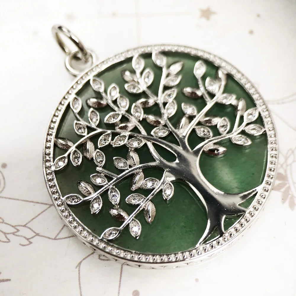 S925 Silver Green Stone Tree of Life Pendant, Sacred Growth Amulet Necklace