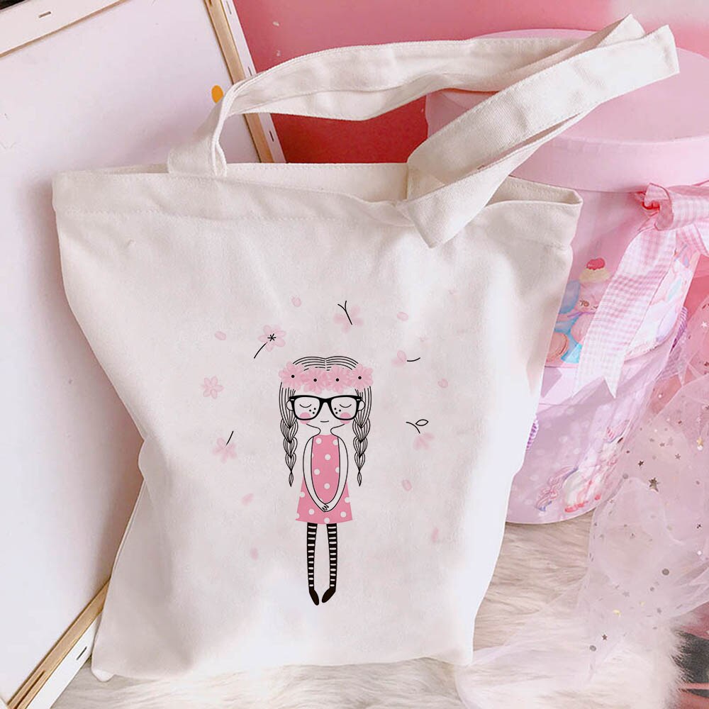 New Women's Casual Canvas Bag Pink Ballet Dance Girl Print Shopping Bag Lady Handbag Reusable Large Capacity Tote Bags