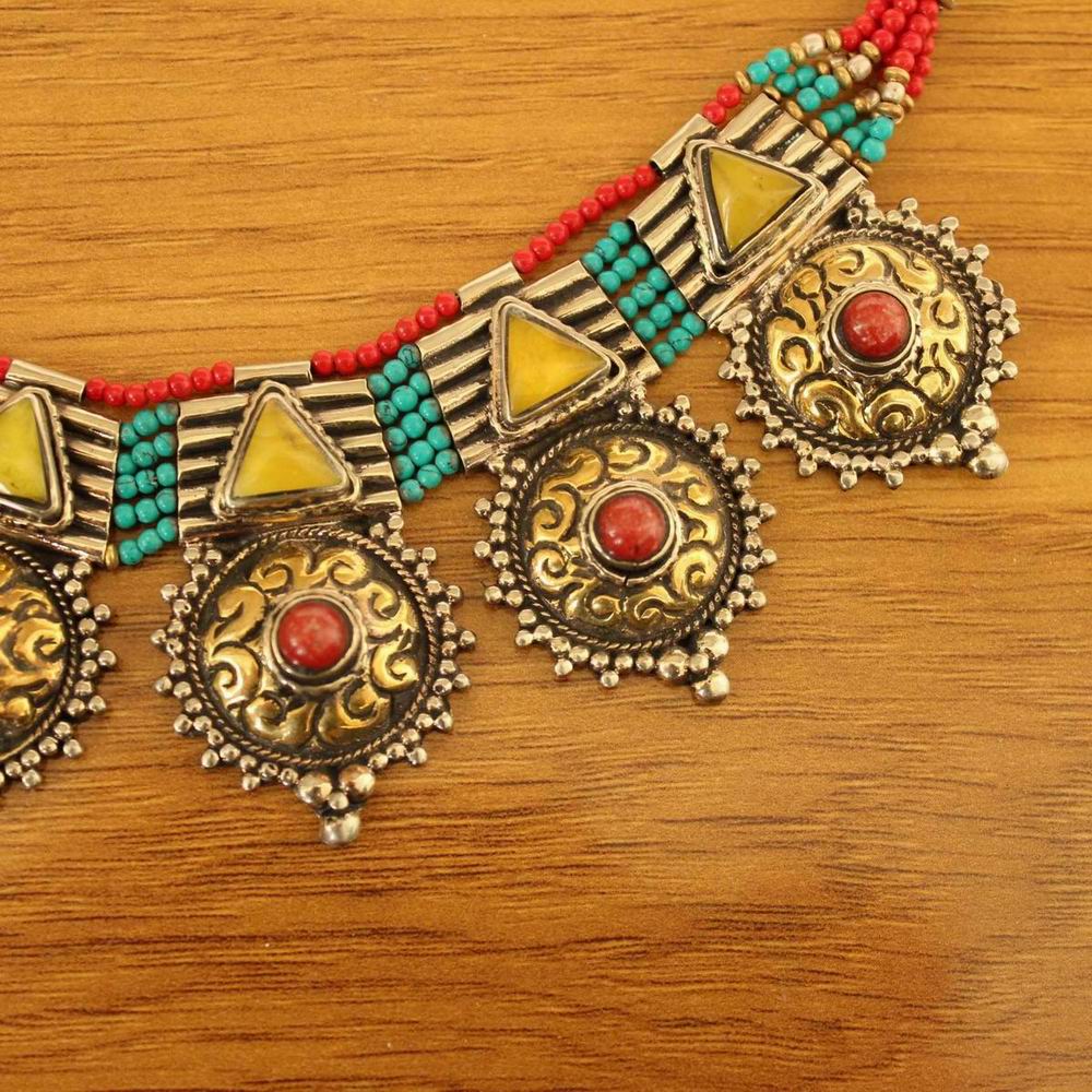Nk246 Nepal India Jewelry Ethnic Mini Turquoises Beads Multi Brass Charm Strand Fashion Necklace For Woman