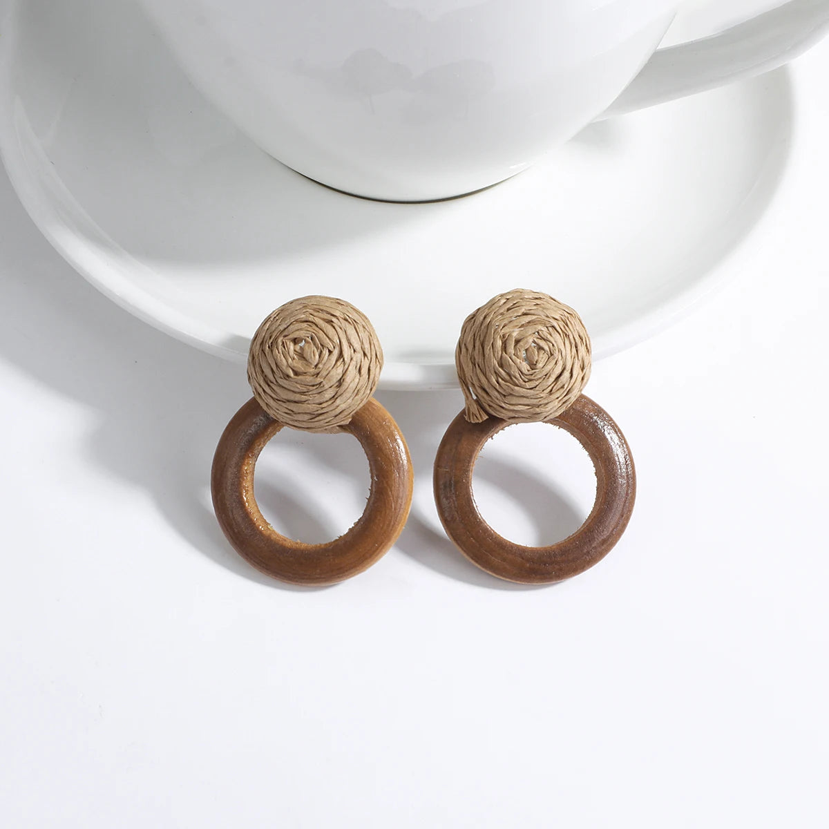 Wooden Rattan Braid Geometric Drop Earrings Jewelry