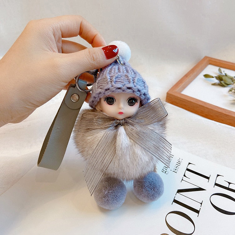 Pompom Sleeping Baby Keychain Cute Fluffy Plush Doll Keychains Women Girl Bags Keyrings Cars Key Ring Gift Charming Decoration