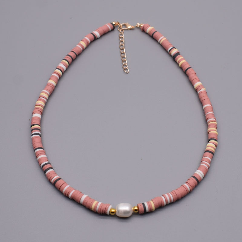 New Colour Boho Natural Fresh Water Pearl Necklace Color Soft Polymer Clay Beads Choker Necklace Beach Femme Jewelry Gift