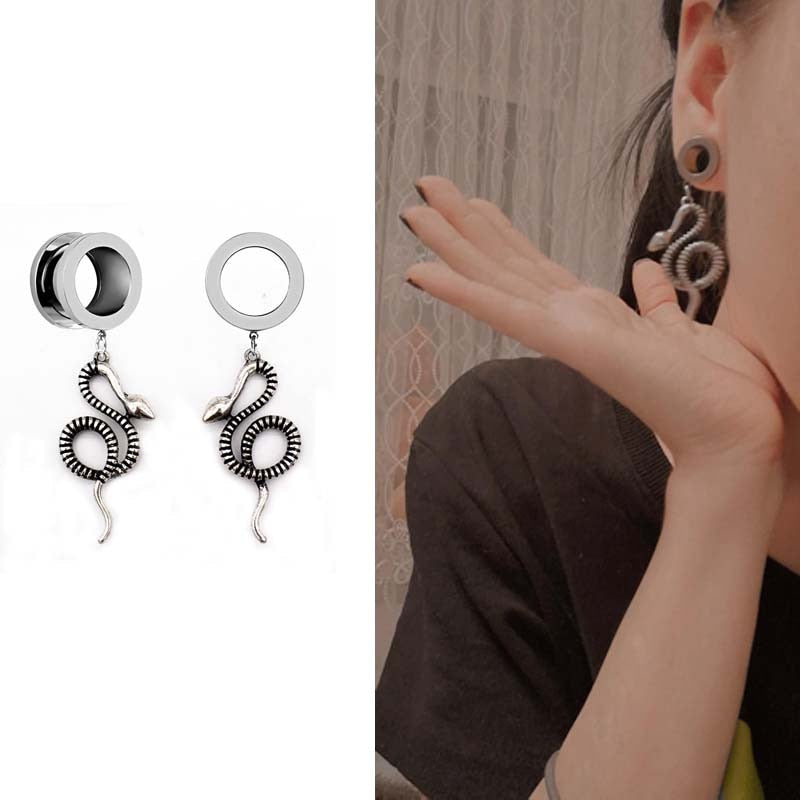 2 Pcs/Pack Screw-fit Cobra Snake Pendant Ear Tunnel Plugs Ear Gauges Flesh Piercing Stainless Steel Ear Expander Reamer 4mm-25
