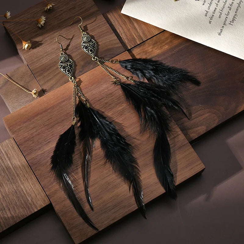 Feather Rhinestone Chain Tassel Long Earrings Jewelry