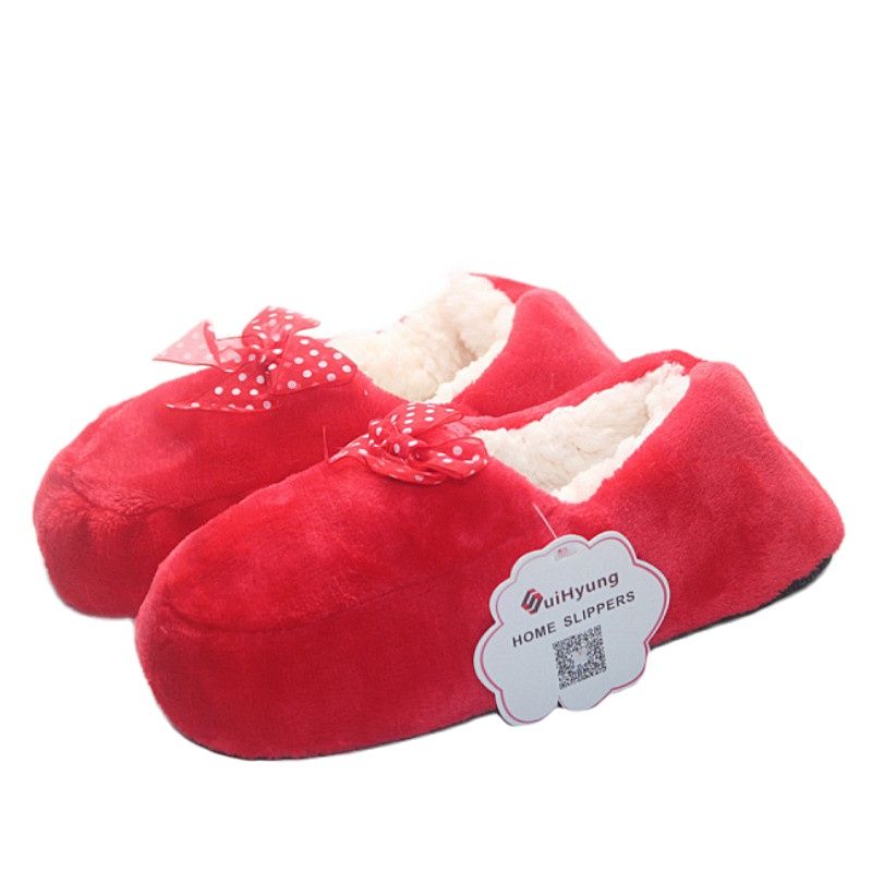 Suihyung Women Cotton Slippers Winter Warm Plush Indoor Floor Shoes Non-slip Hose Slip On Ladies Lace Bow Slides Fluffy Slippers