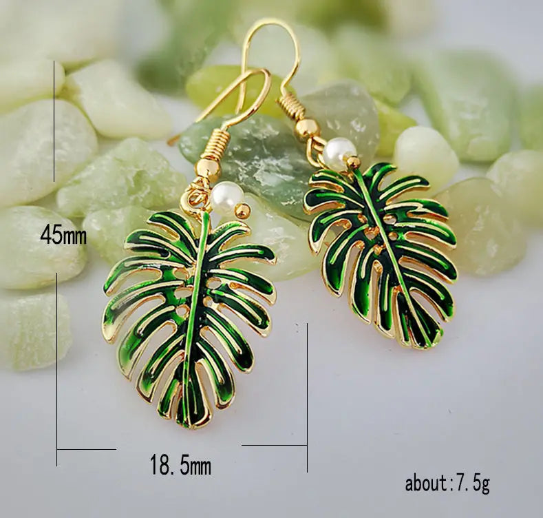 Green Enamel Coconut Leaf Pearl Drop Earrings Jewelry