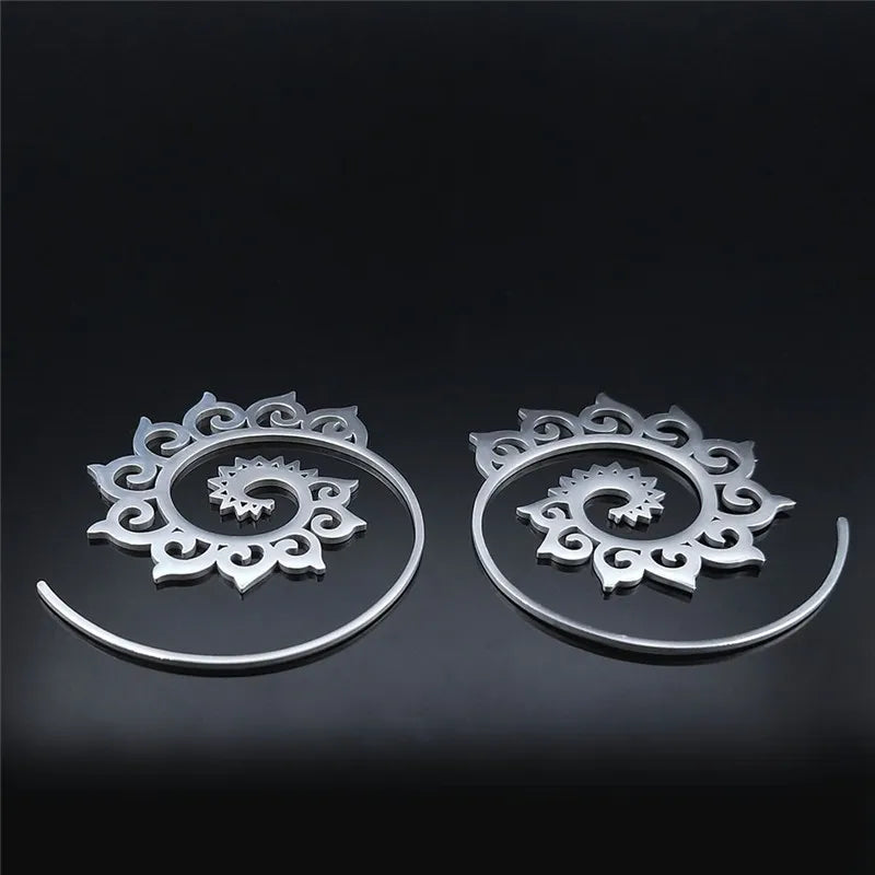 Mandala Spiral Steel Hoop Earrings Jewelry