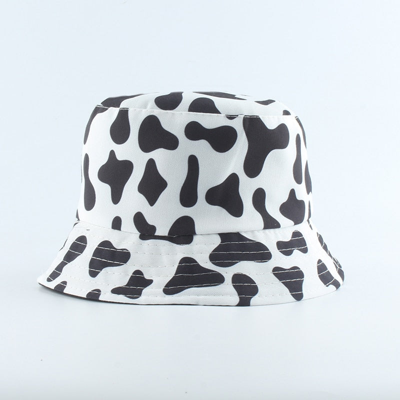 2021 New Fashion Korean Pink Cow Print Bucket Hat Women Reversible Fishing Cap Bob Chapeau Autumn Summer