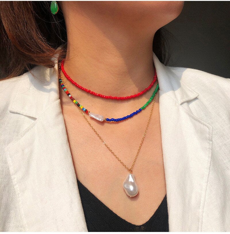 3 PCS OFF 10% Bohemian Colorful Seed Beads Necklace Long Horn Pendant Starfish Multi-layer Pearl Necklace Set For Women Jewelry