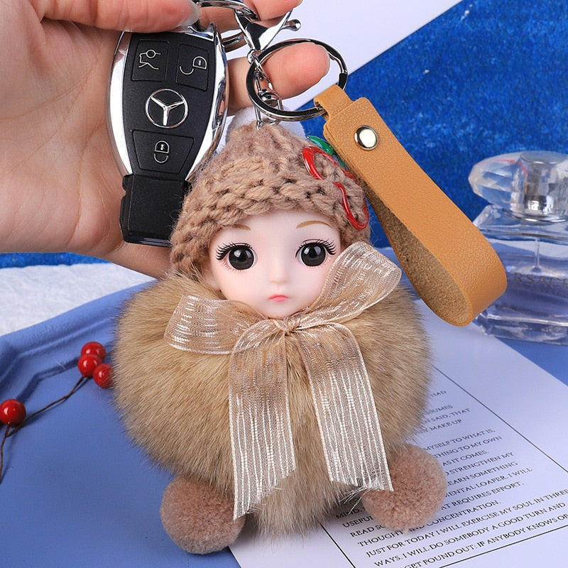 Pompom Sleeping Baby Keychain Cute Fluffy Plush Doll Keychains Women Girl Bags Keyrings Cars Key Ring Gift Charming Decoration