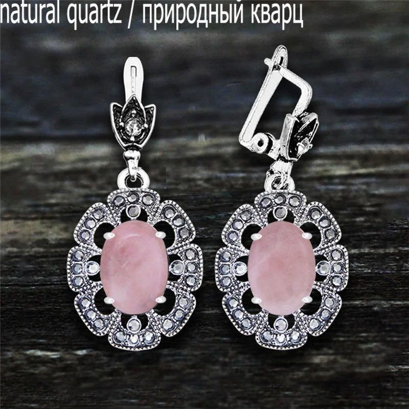 Vintage Plumflower Natural Jades Quartz Earrings For Women Antique Silver Plated Lapis Lazuli Tiger Eye Stone Fashion Earring - Charlie Dolly