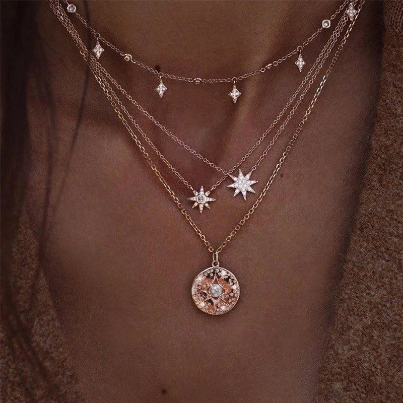 Moon Cross Tree Star Layered Choker Necklace Jewelry
