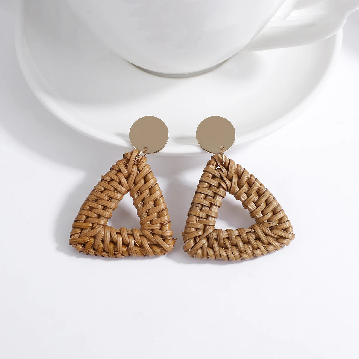Wooden Rattan Braid Geometric Drop Earrings Jewelry