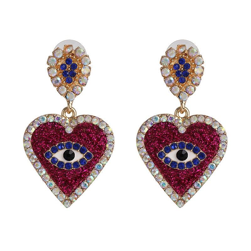 JUJIA Trendy Ethnic Love Heart Shape Evil Eye Drop Earrings For Women Vintage Statement Crystal Dangle Earring Jewelry Gift