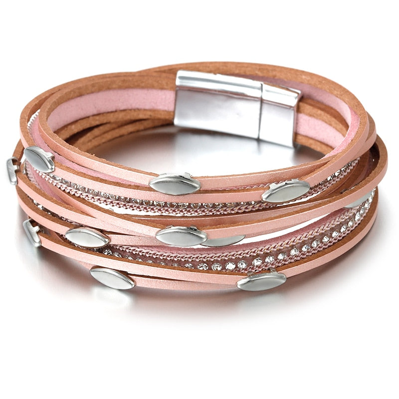 ALLYES Leaf Charm Pink Leather Bracelets for Women 2023 Fashion Crystal Chain Boho Multilayer Wrap Bracelet Femme Jewelry