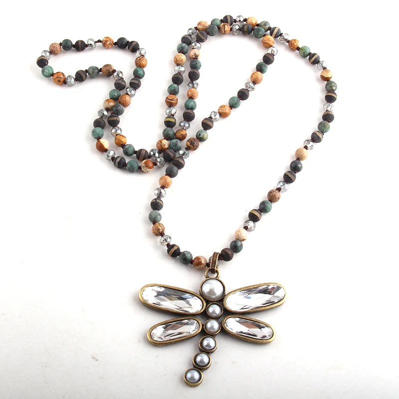 Dragonfly Long Knotted Stone Necklace Jewelry