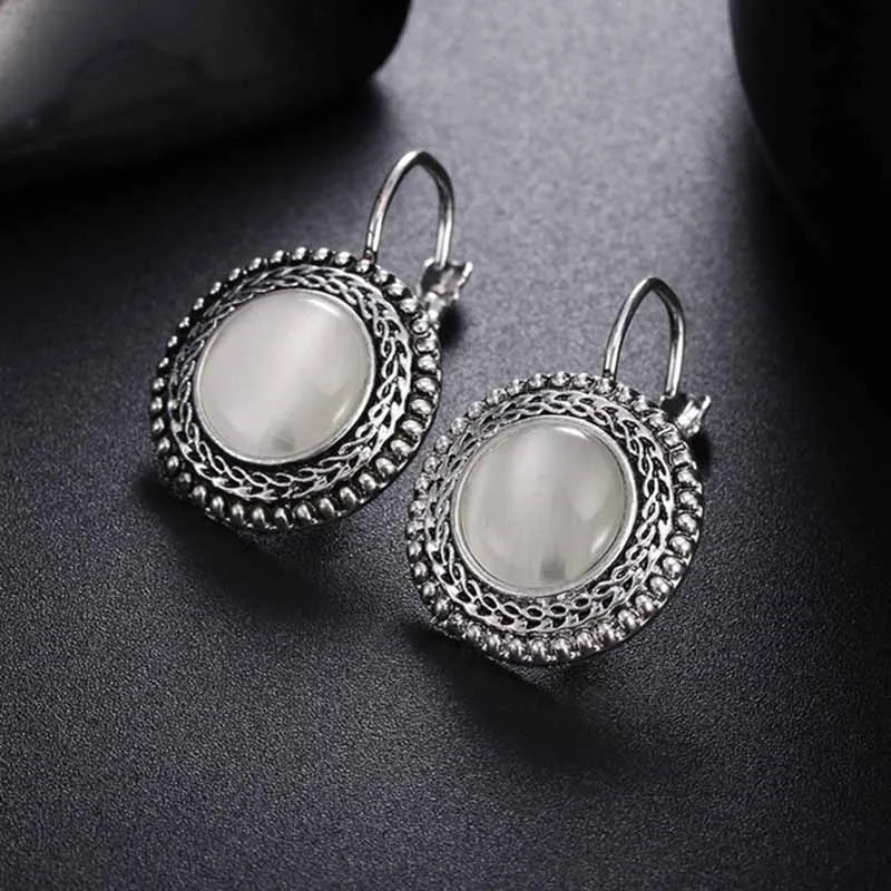 Tibetan Silver Opal Carved Long Earrings Jewelry