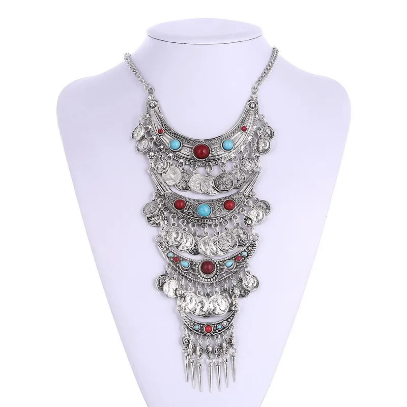 موضة ملونة بوهو خمر Collares ماكسي بيان قلادة كولير فام طويل البوهيمي عملة شرابة قلادة متعددة الطبقات