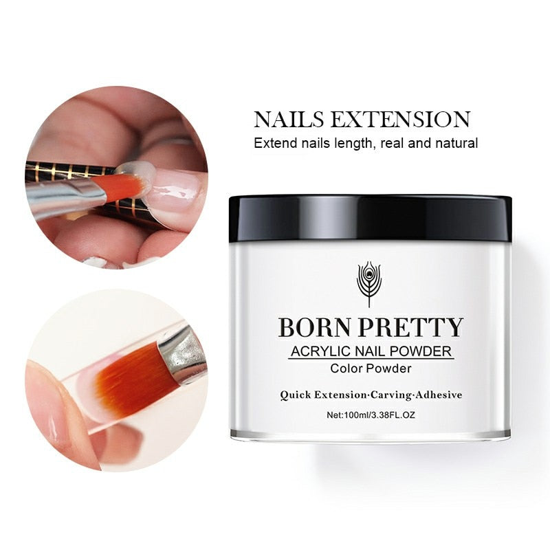 BORN PRETTY 100ml Acrylic Nail Powder Clear Pink White Professional Carving Crystal Polymer for Nail Tips Extenstion Nails Set