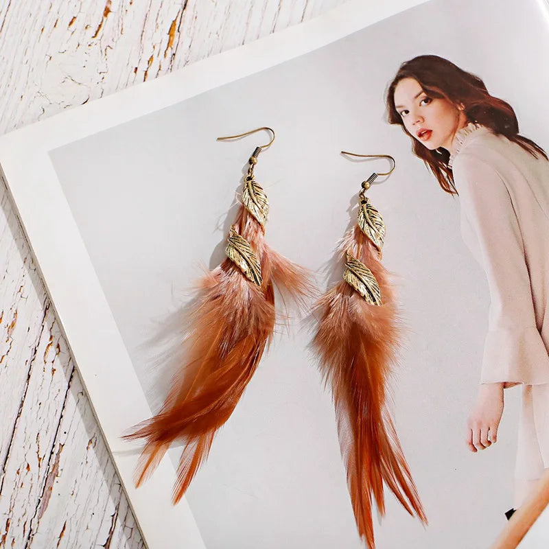 Gold Feather Leaf Long Boho Earrings Jewelry