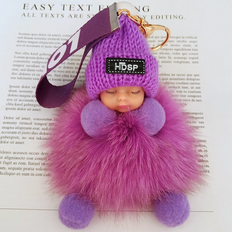 Pompom Sleeping Baby Keychain Cute Fluffy Plush Doll Keychains Women Girl Bags Keyrings Cars Key Ring Gift Charming Decoration