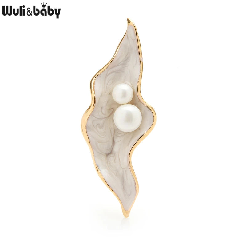 Pearl and Enamel Shell Flower Brooch Pin