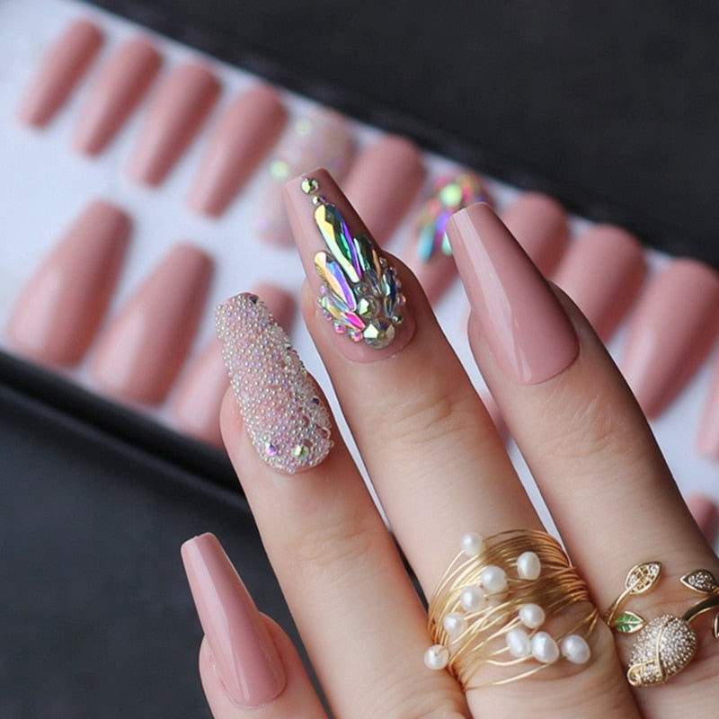 pink coffin crystal bling false nails Acrylic nails ballet caviar Design nails Custom logo with Adhesive tabs sticker
