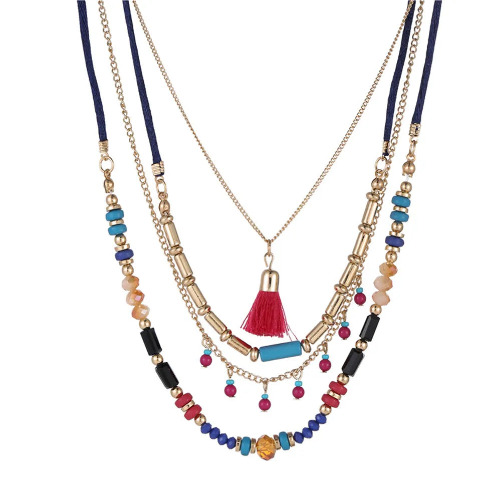 Woven Bead Multilayer Tassel Choker Necklace Jewelry