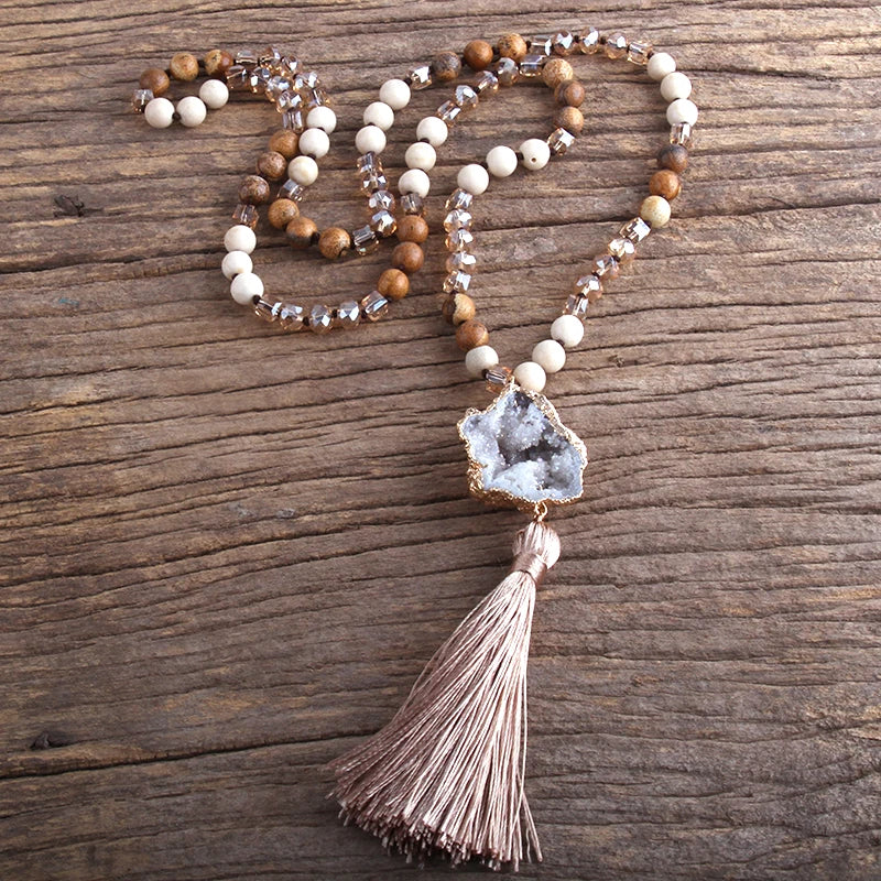 Knotted Natural Stone Long Tassel Necklace Jewelry