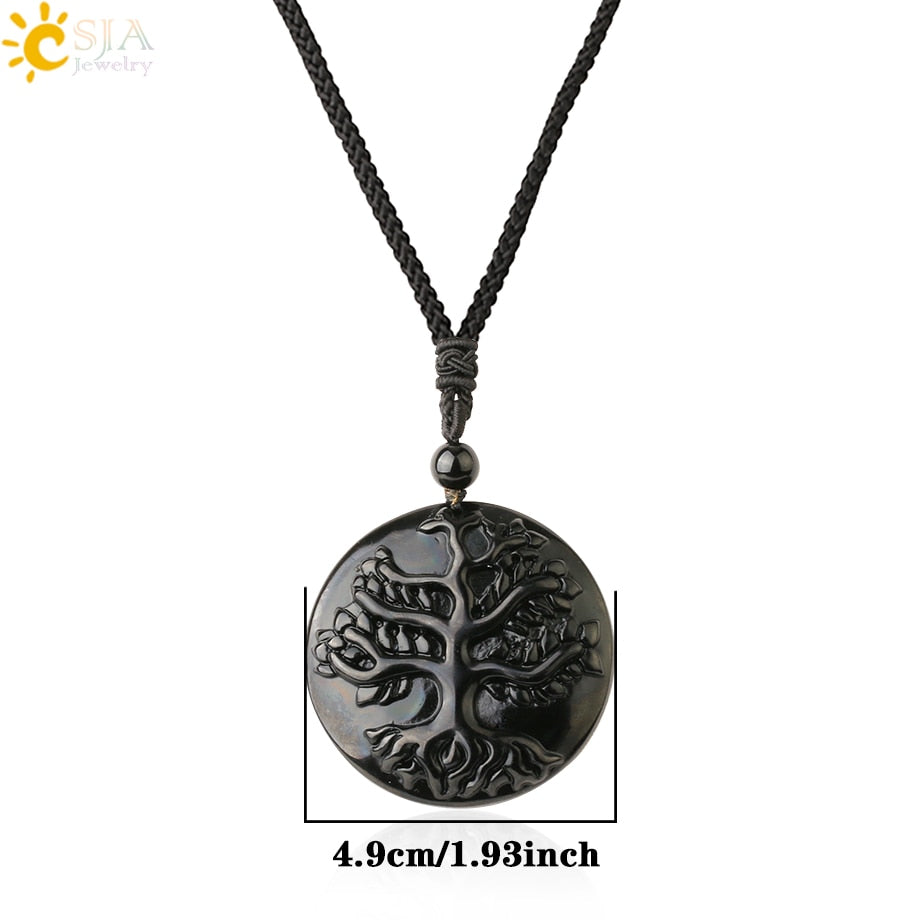 CSJA Obsidian Necklace Natural Stone Wolf Buddha Sculpture Tree of Life Animal Owl Men Necklaces Pendant Meditation Jewelry G644