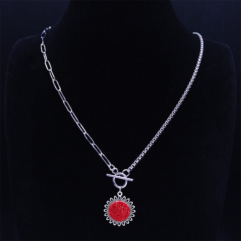 Fashion Sunflower Red Crystal Stainless Steel Chain Necklace Women/Men Bohemian Small Daisy Pearl Chain Collar Jewelry N4905S06