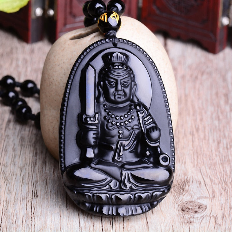 Amitabha Pendant Necklace Black Obsidian Carved Buddha Lucky Amulet Necklaces For Women Men Jewelry Gifts Jewelry