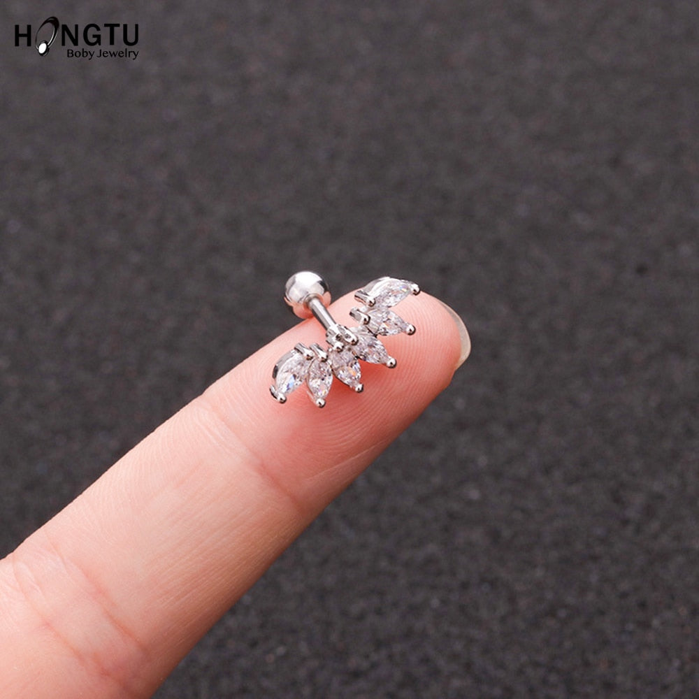HONGTU 1PC Copper Flower Heart Moon Zircon Tragus Ear Piercing Surgical Steel Shaft Bar Daith Earrings Helix Cartilage Studs 16g