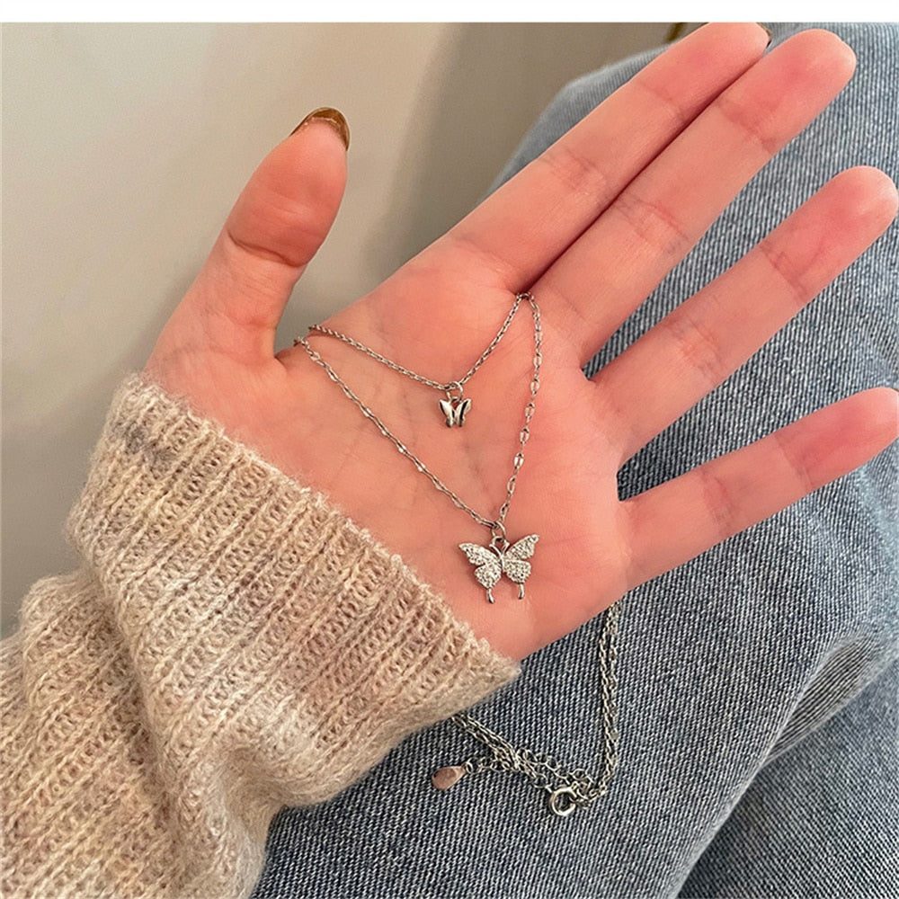 Shiny Butterfly Necklace Ladies Exquisite Double Layer Clavicle Chain Necklace Jewelry for Ladies Gift