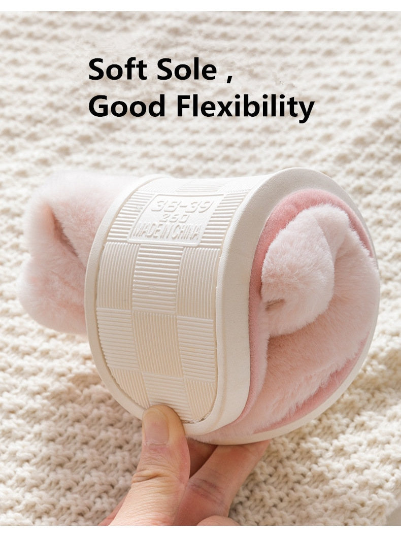 Women Warm Faux Fur Slippers Cute Rabbit Ear Lovers Indoor Slipper Soft Plush Anti-slip Winter Female Home Floor Shoes SH462