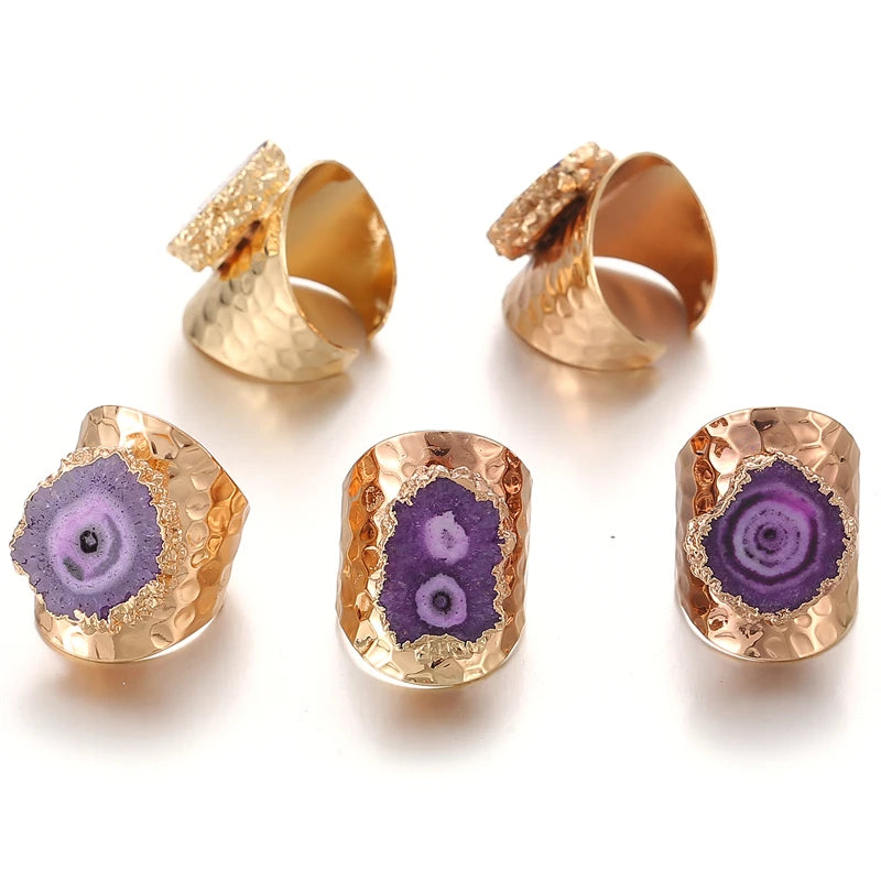 Boho Irregular Natural Stone Agate Slices Sunflower Wide Open Ring for Women Gold Plated Resizable Finger Jewelry - Charlie Dolly