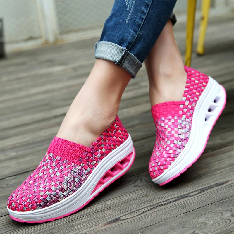 Summer Woven Platform Sneakers Sport Woman Sports Shoes Lady Running Shoes for Women Shoes Fitness Slimming Swing Pink E-251