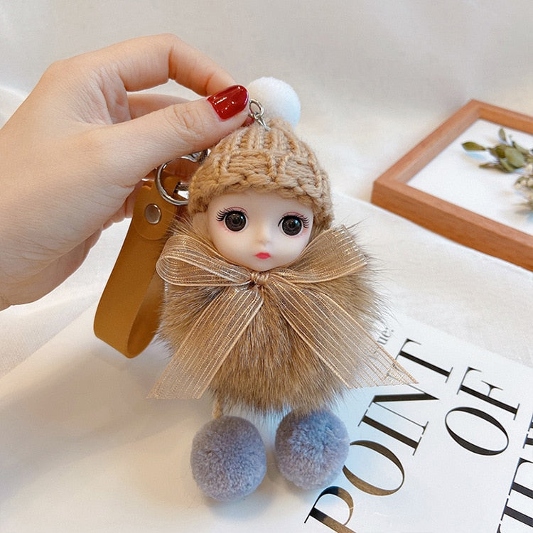 Pompom Sleeping Baby Keychain Cute Fluffy Plush Doll Keychains Women Girl Bags Keyrings Cars Key Ring Gift Charming Decoration