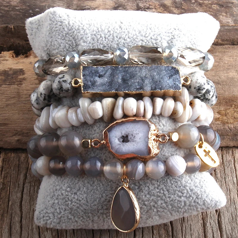 New Designer Boho Beaded Bracelet Set Natural Stone & Druzy 5pc Bracelets Bangles Set For Fashion Jewelry - Charlie Dolly