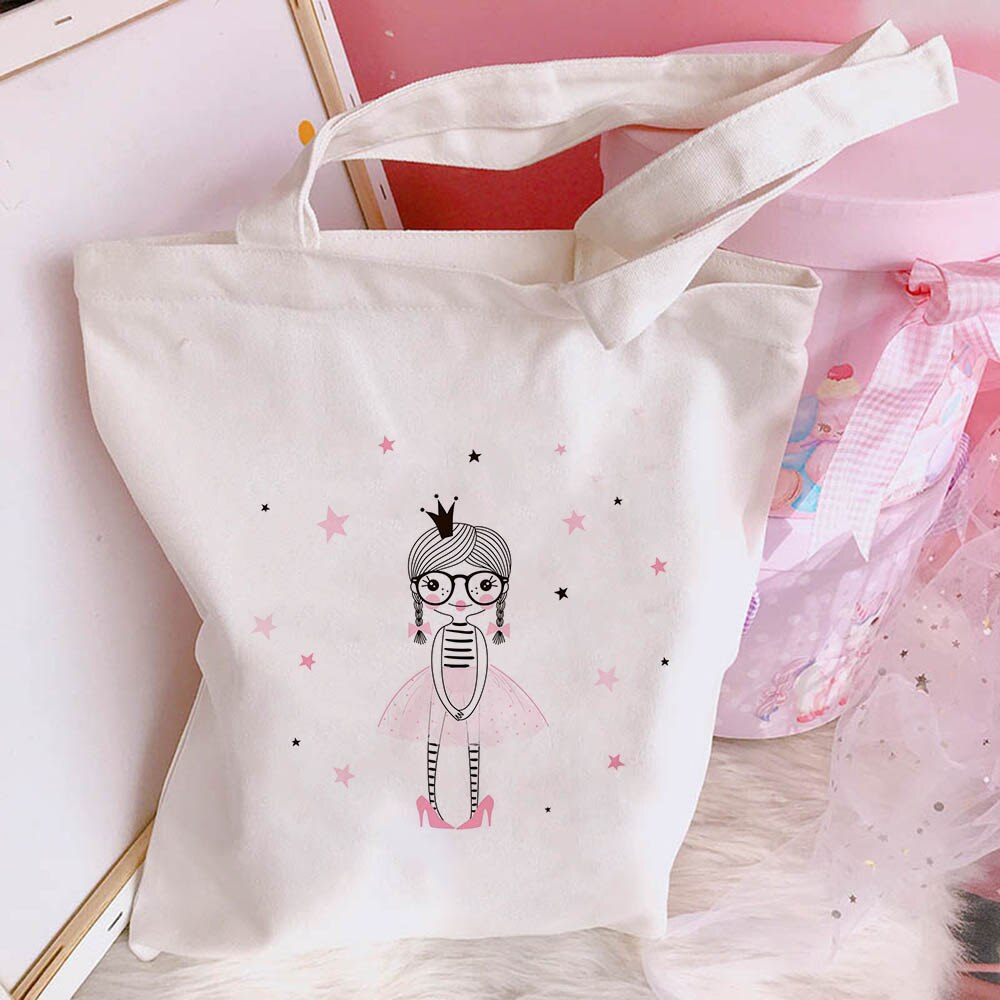 New Women's Casual Canvas Bag Pink Ballet Dance Girl Print Shopping Bag Lady Handbag Reusable Large Capacity Tote Bags