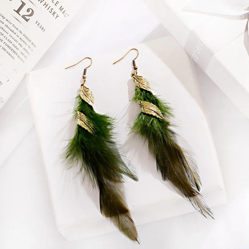 Gold Feather Leaf Long Boho Earrings Jewelry