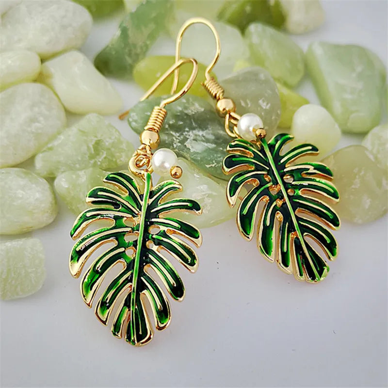 Green Enamel Coconut Leaf Pearl Drop Earrings Jewelry